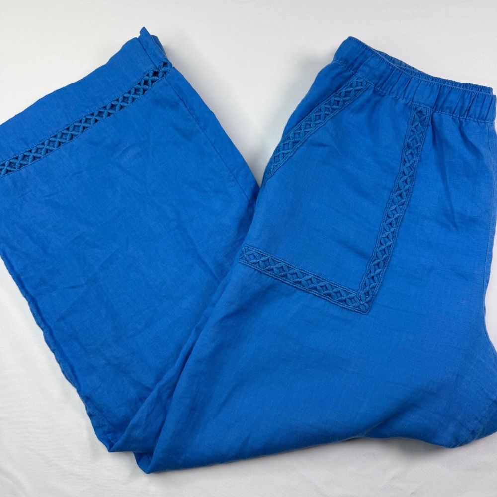 Joie Blue 100% Linen Wide Leg Crop Pants Crochet Trim Womens Medium
